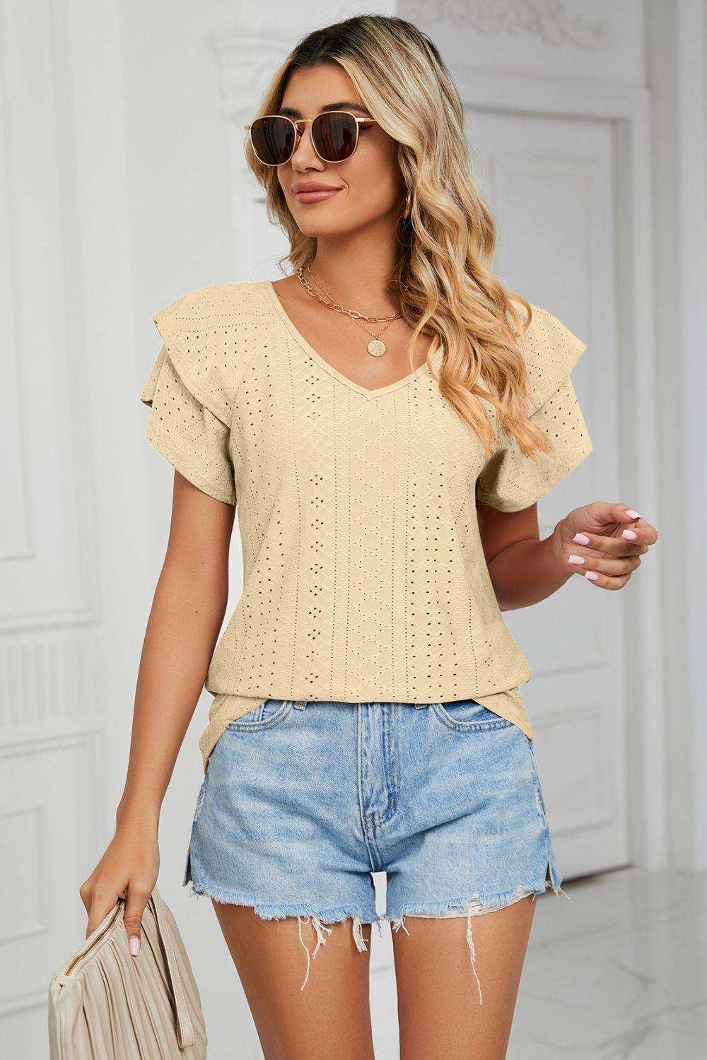 Eyelet Layered Flutter Sleeve V-Neck Knit Top - Trendsi - Flyclothing LLC
