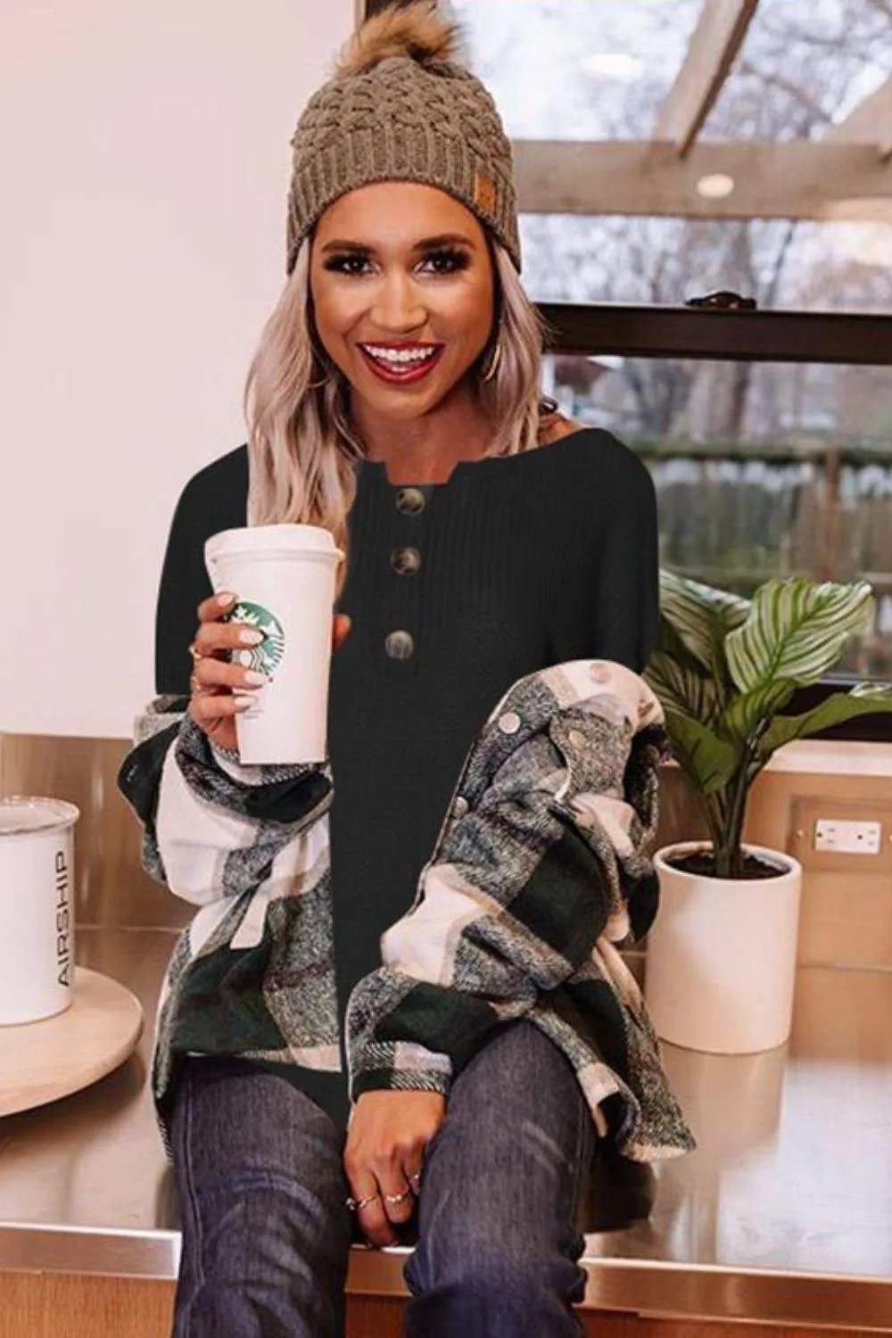 Buttoned Boat Neck Long Sleeve Blouse - Trendsi - Flyclothing LLC