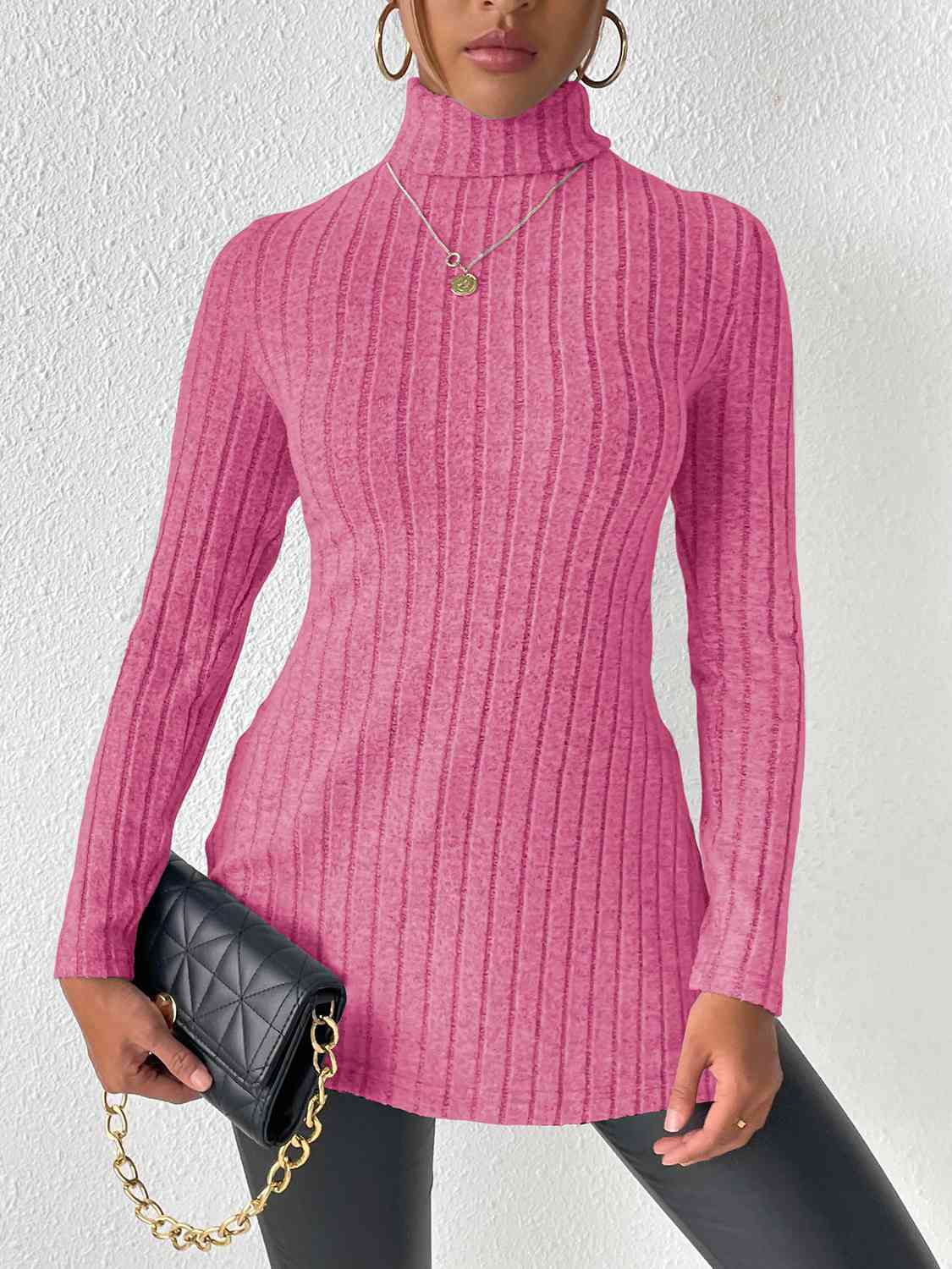 Ribbed Turtleneck Long Sleeve Slit T-Shirt - Trendsi - Flyclothing LLC