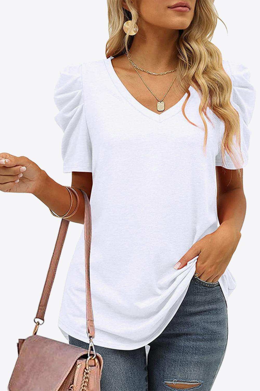 V-Neck Puff Sleeve Tee - Trendsi - Flyclothing LLC