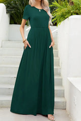 Round Neck Maxi Tee Dress with Pockets - Trendsi - Flyclothing LLC