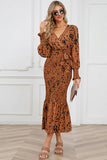 Printed V-Neck Smocked Midi Dress - Trendsi