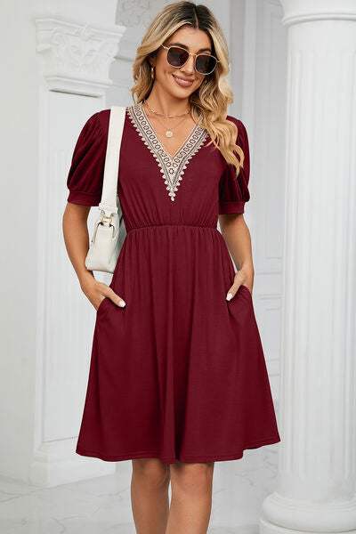 V-Neck Puff Sleeve Dress - Trendsi - Flyclothing LLC