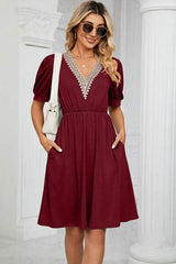 V-Neck Puff Sleeve Dress - Trendsi - Flyclothing LLC