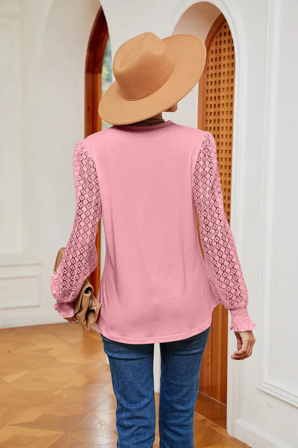 Contrast V-Neck Long Sleeve Blouse - Trendsi - Flyclothing LLC