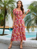 Floral Square Neck Short Sleeve Midi Dress - Trendsi