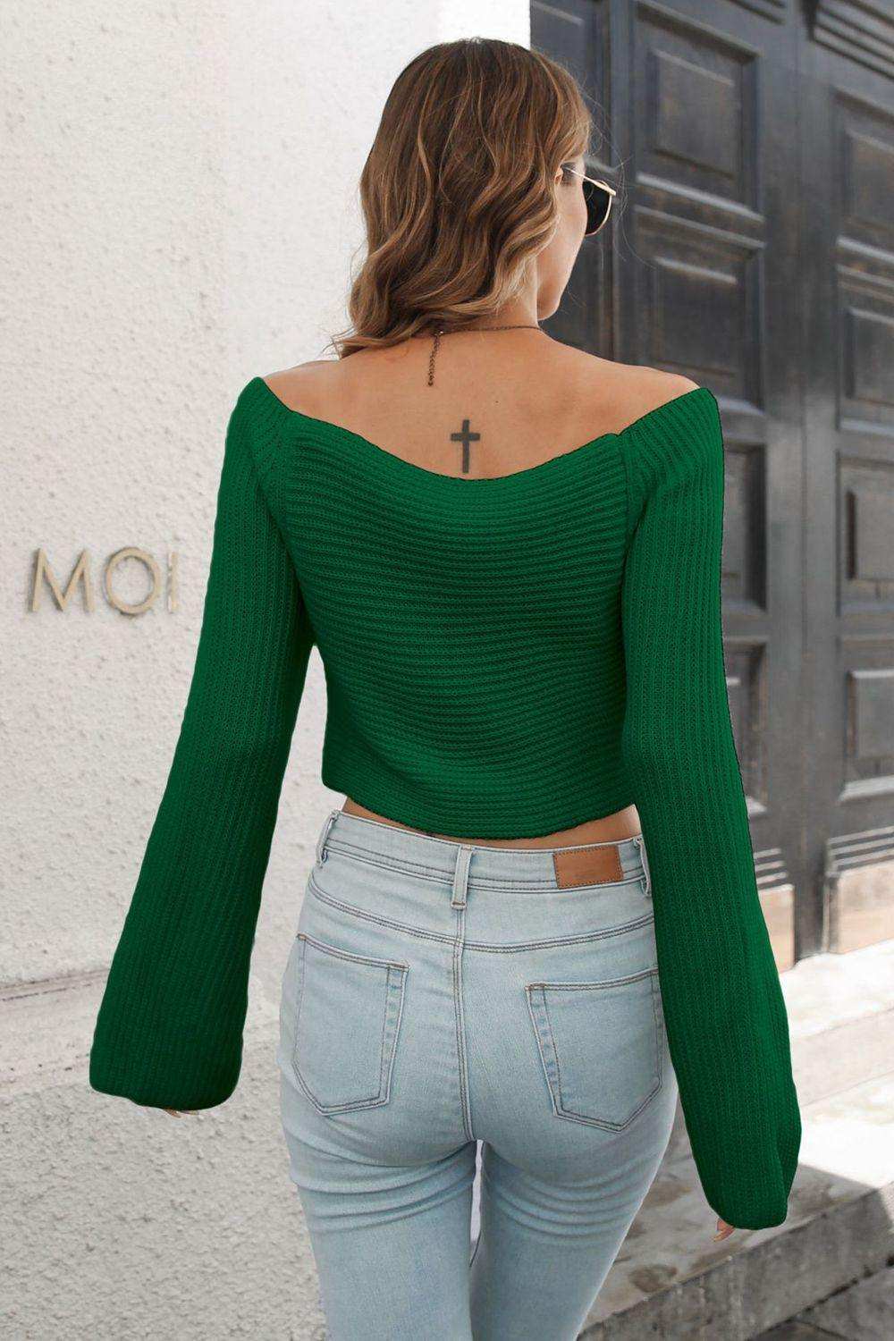 Cropped V-Neck Flare Sleeve Knit Top - Trendsi - Flyclothing LLC