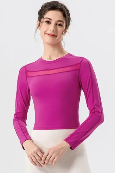 Round Neck Long Sleeve Active T-Shirt - Trendsi - Flyclothing LLC