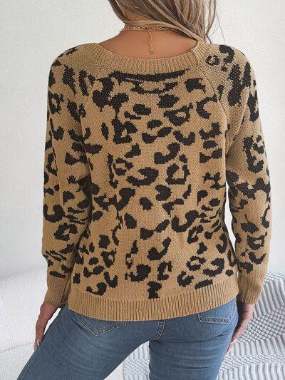 Leopard Buttoned Square Neck Sweater - Trendsi