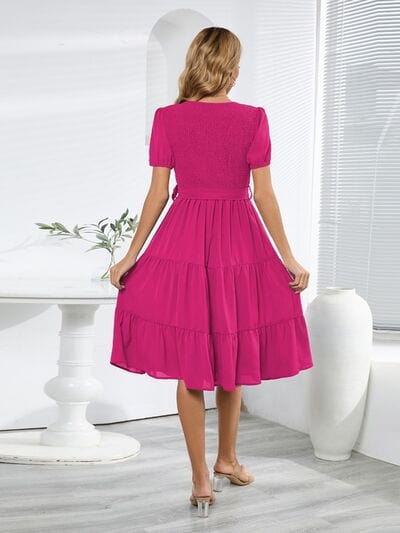 Smocked Tie Front Short Sleeve Tiered Dress - Flyclothing LLC