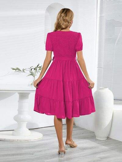 Smocked Tie Front Short Sleeve Tiered Dress - Trendsi - Flyclothing LLC