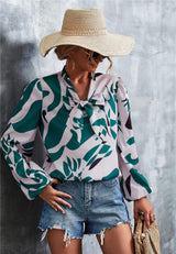 Printed Tie Neck Puff Sleeve Blouse - Trendsi - Flyclothing LLC