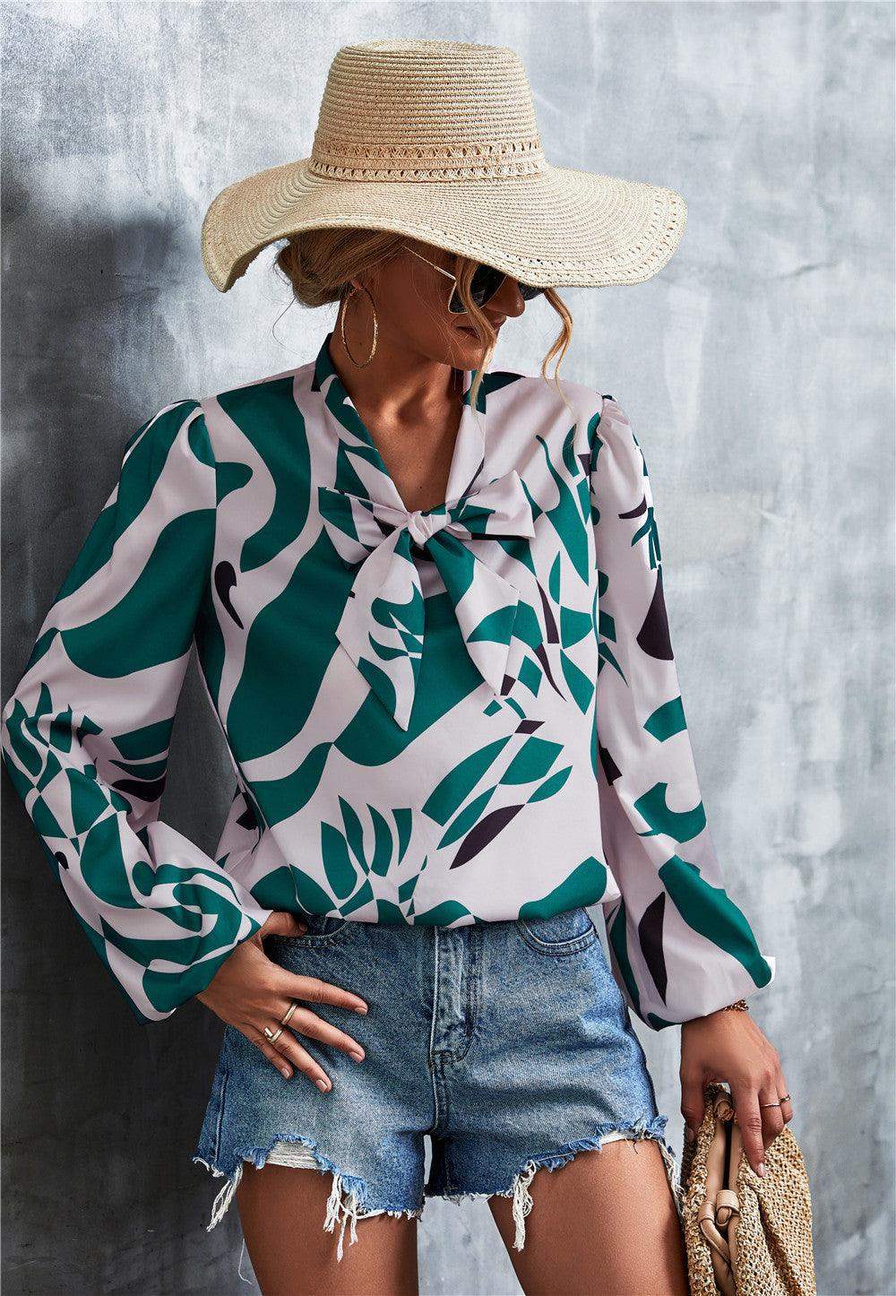 Printed Tie Neck Puff Sleeve Blouse - Trendsi - Flyclothing LLC