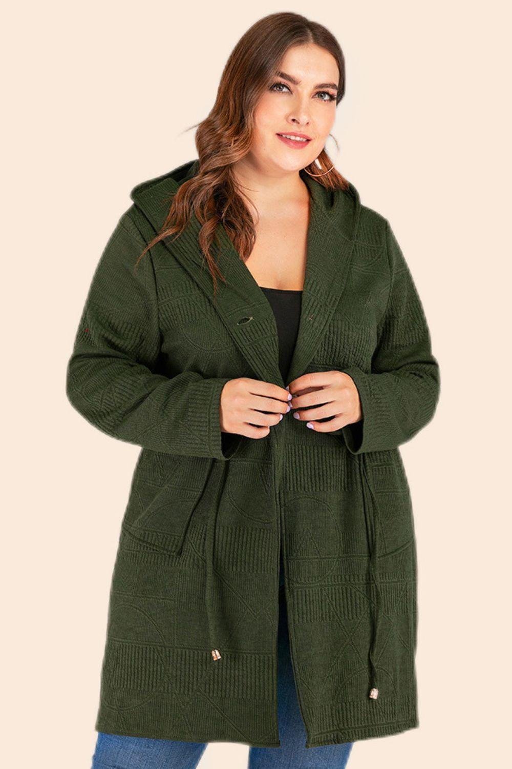 Plus Size Drawstring Waist Hooded Cardigan with Pockets - Flyclothing LLC