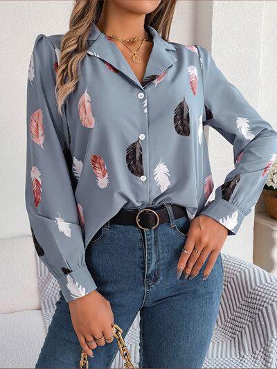Button Up Printed Collared Neck Shirt - Trendsi