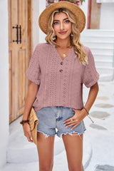 Buttoned Notched Neck Eyelet Top - Trendsi - Flyclothing LLC