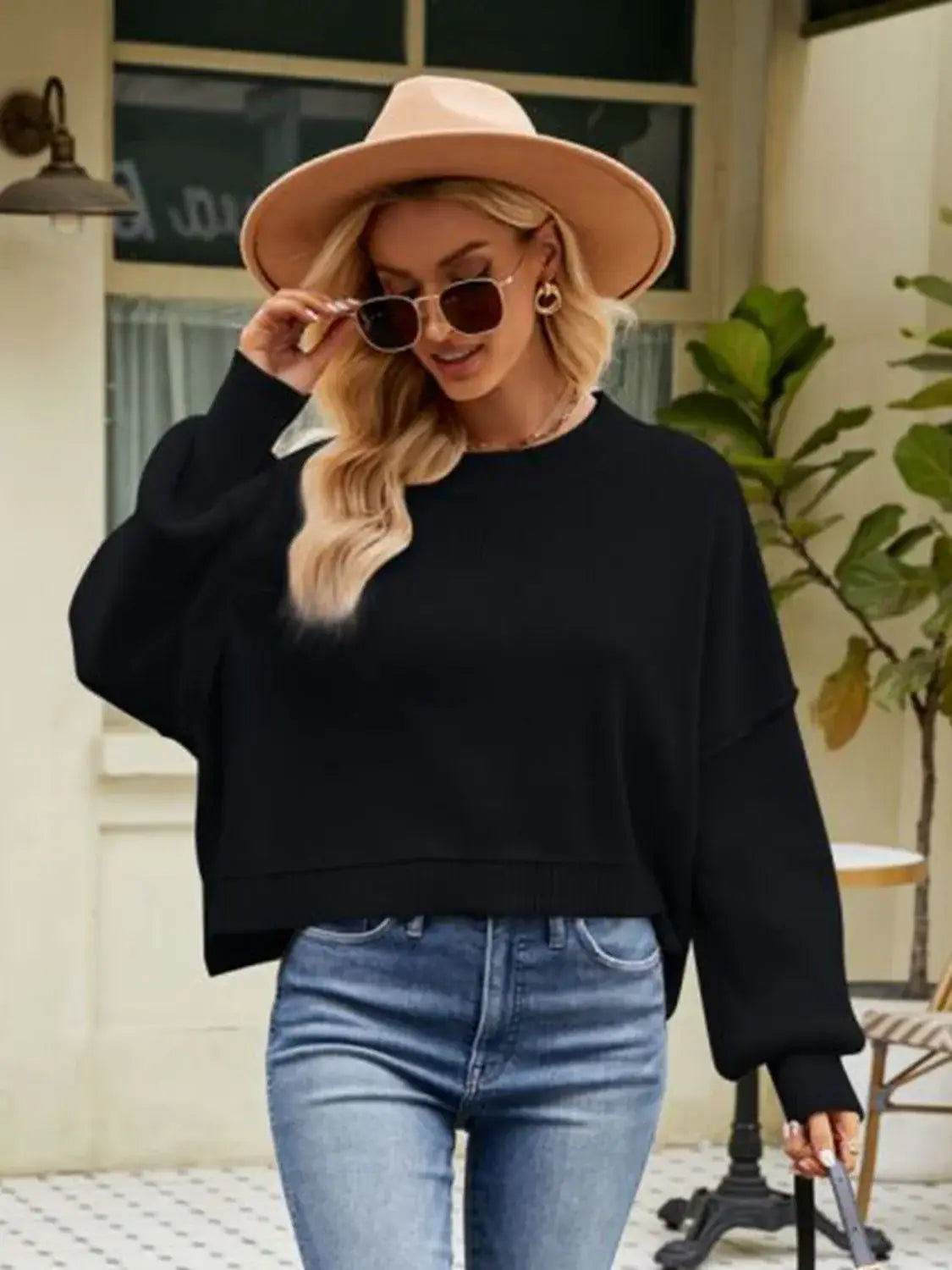 Round Neck Dropped Shoulder Sweater - Trendsi - Flyclothing LLC