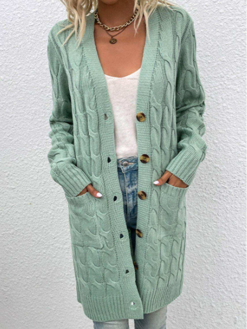 Cable-Knit Button Down Cardigan with Pockets - Trendsi - Flyclothing LLC