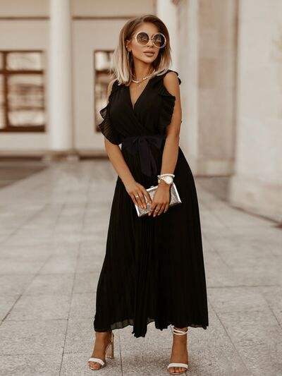 Tied Surplice Cap Sleeve Pleated Dress - Trendsi - Flyclothing LLC