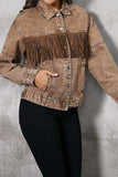 Fringe Trim Snap Down Denim Jacket - Trendsi - Flyclothing LLC
