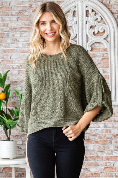 Veveret Round Neck Roll-Up Sweater - Flyclothing LLC