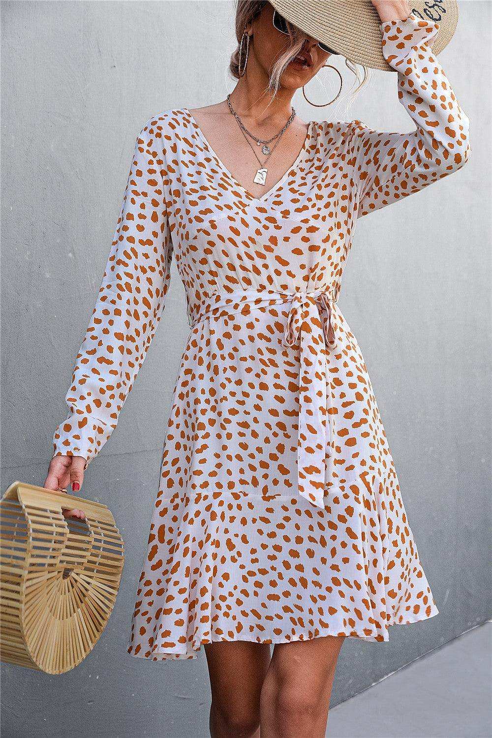 Printed V-Neck Tie Belt Ruffle Hem Mini Dress - Trendsi - Flyclothing LLC