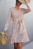 Printed V-Neck Tie Belt Ruffle Hem Mini Dress - Trendsi