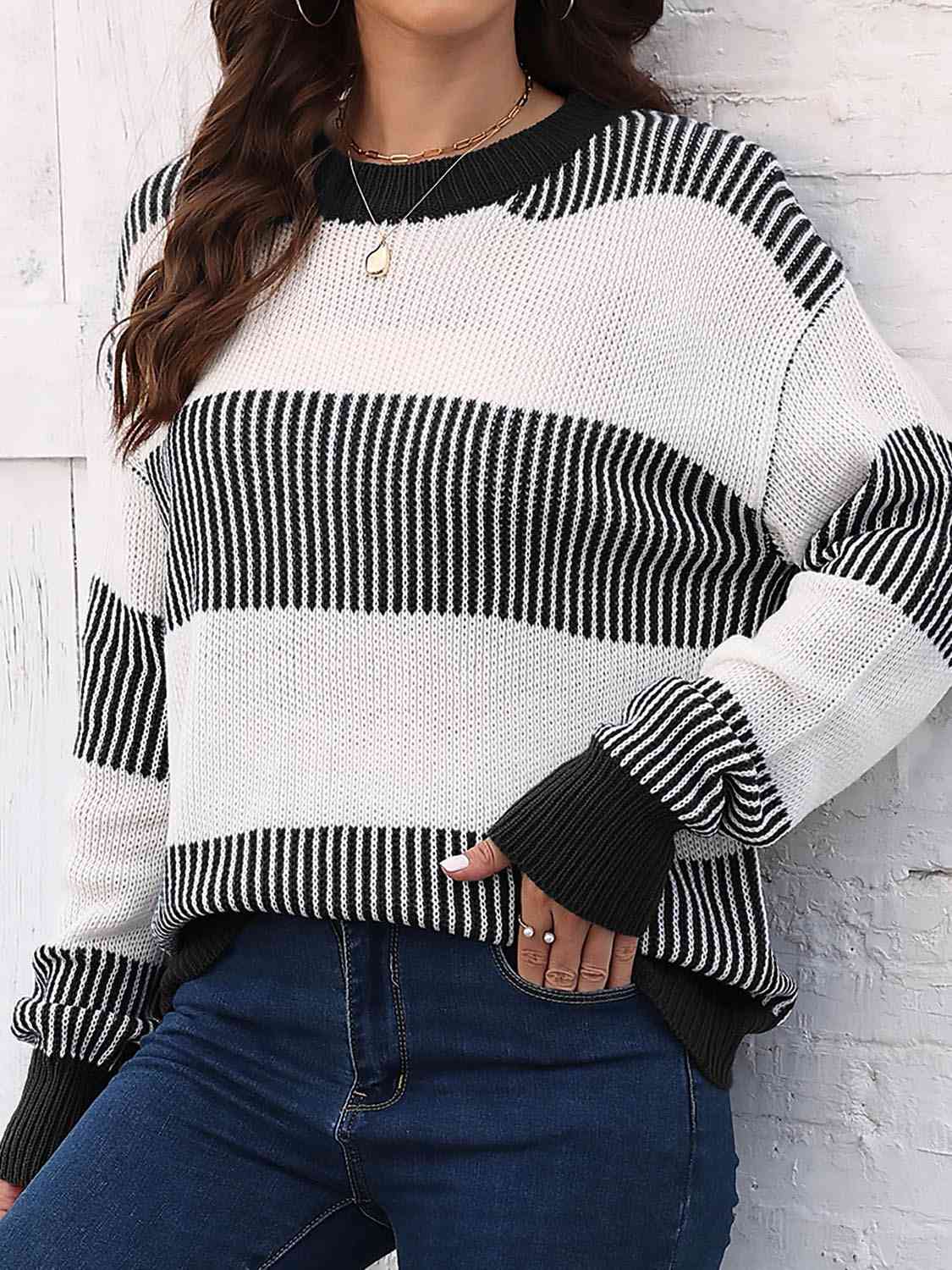Full Size Round Neck Drop Shoulder Sweater - Trendsi - Flyclothing LLC