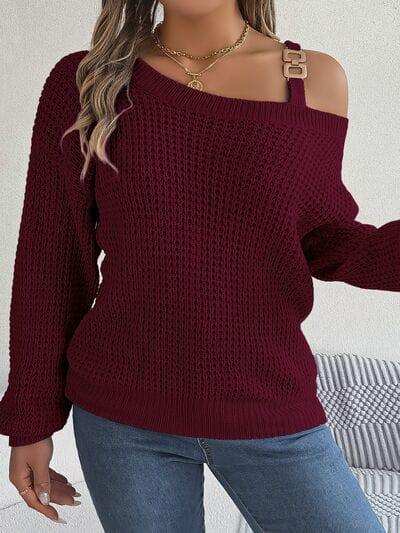 Asymmetrical Neck Long Sleeve Sweater - Trendsi - Flyclothing LLC