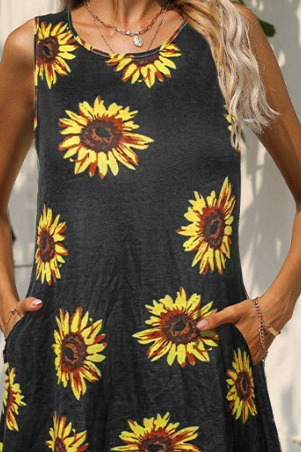 Printed Round Neck Sleeveless Dress with Pockets - Trendsi - Flyclothing LLC