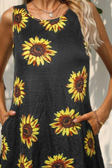 Printed Round Neck Sleeveless Dress with Pockets - Trendsi