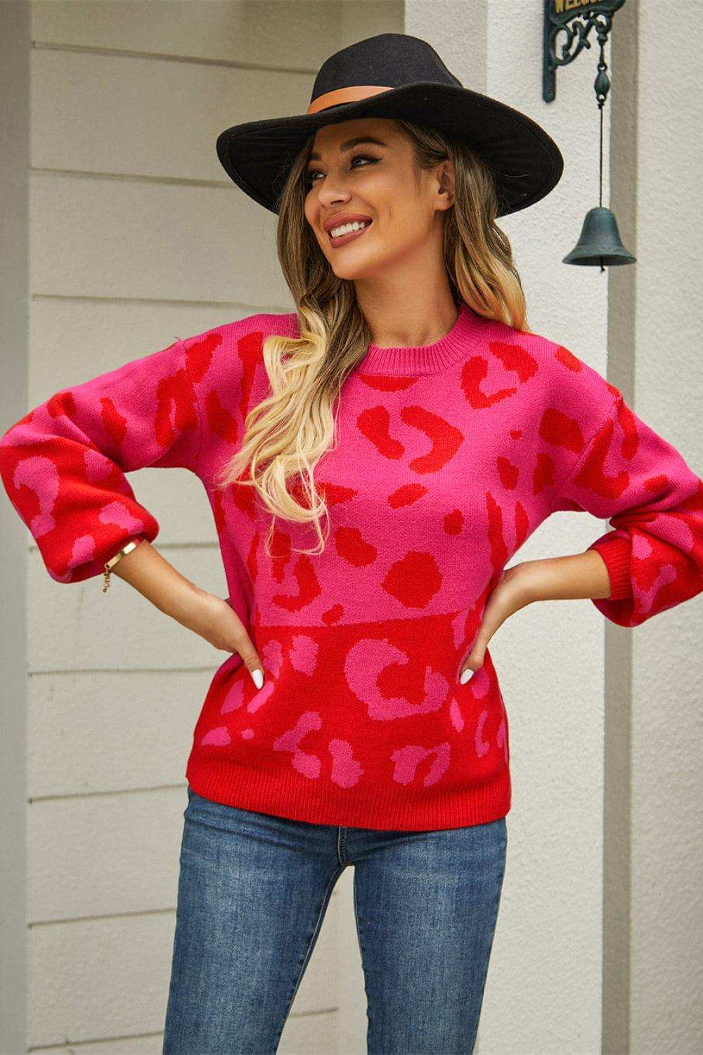 Leopard Round Neck Dropped Shoulder Sweater - Trendsi - Flyclothing LLC
