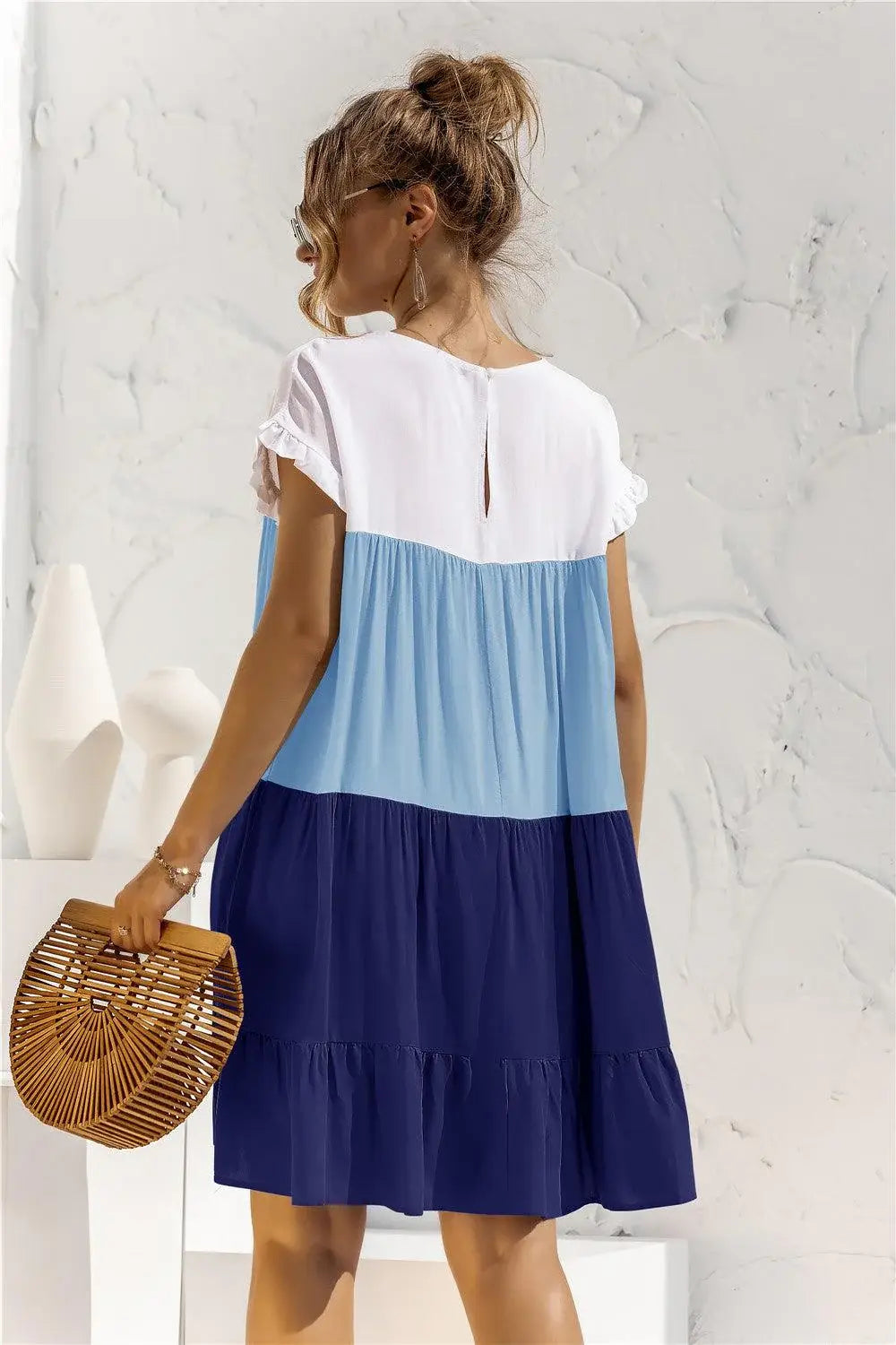 Color Block Round Neck Ruffle Hem Dress - Trendsi - Flyclothing LLC