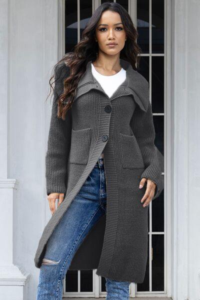 Pocketed Button Up Collared Neck Cardigan - Trendsi