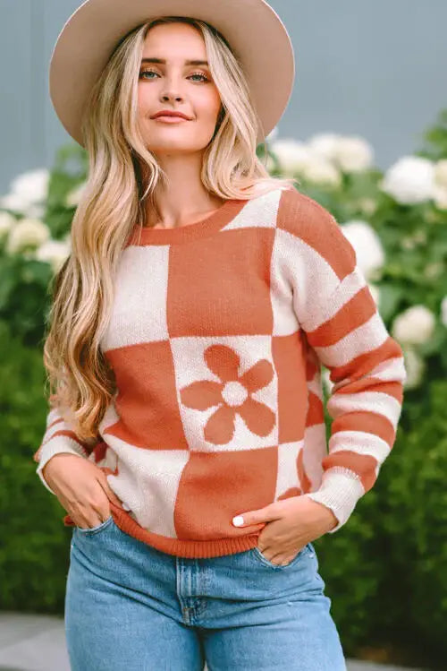 Contrast Round Neck Long Sleeve Sweater - Trendsi - Flyclothing LLC