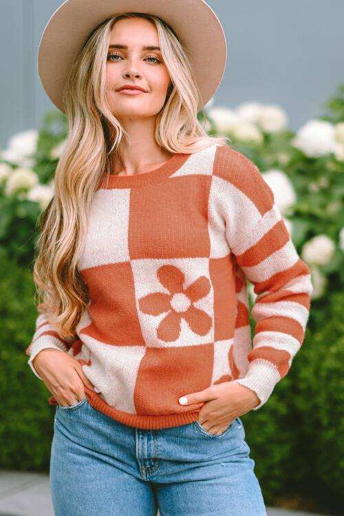 Contrast Round Neck Long Sleeve Sweater - Trendsi - Flyclothing LLC