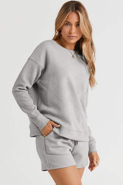 Double Take Full Size Texture Long Sleeve Top and Drawstring Shorts Set - Trendsi - Flyclothing LLC