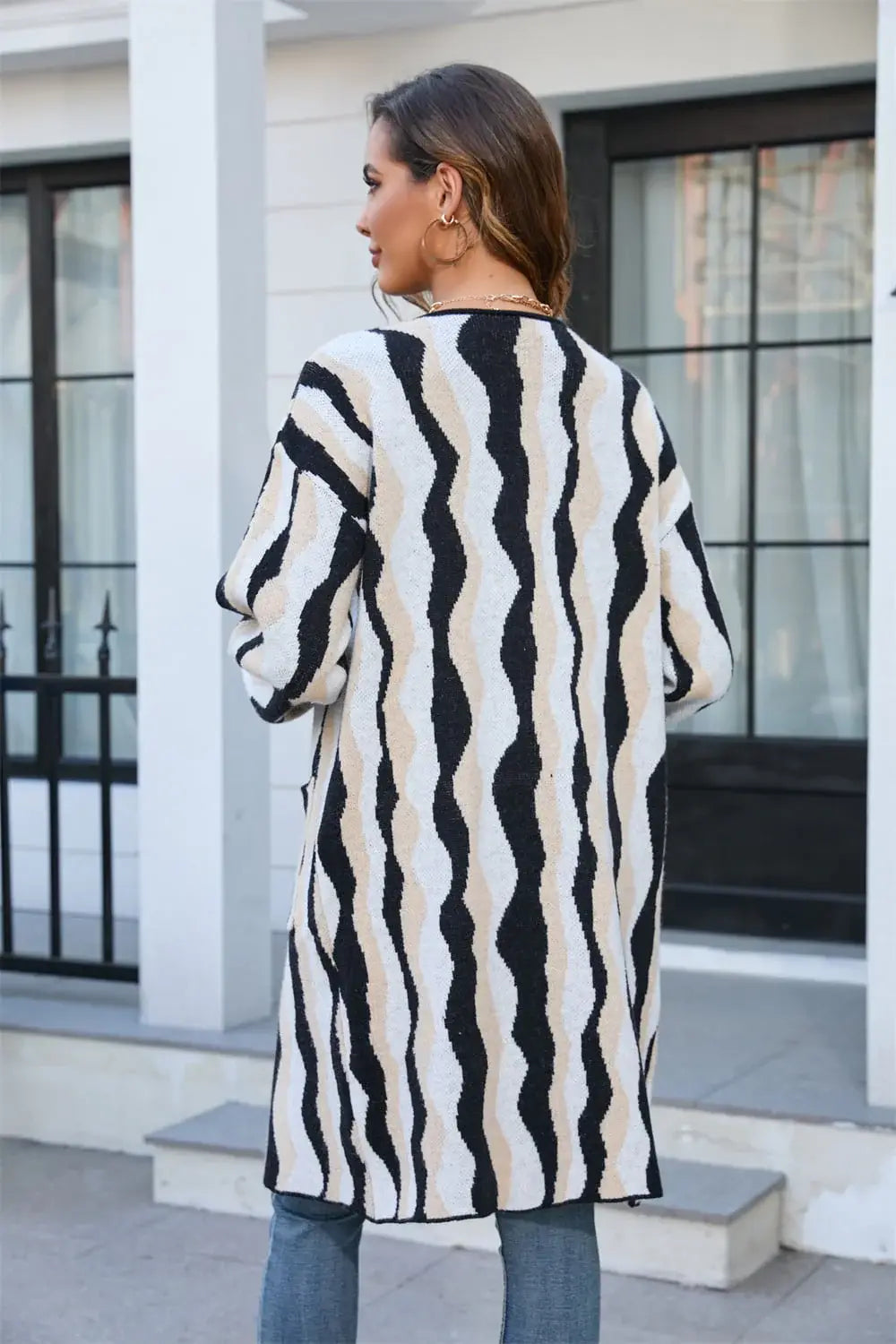 Printed Open Front Pocketed Cardigan - Trendsi - Flyclothing LLC