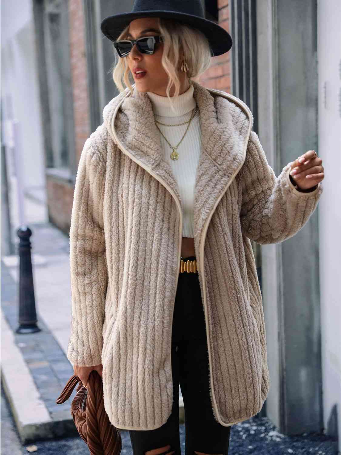 Open Front Ribbed Hooded Coat - Trendsi - Flyclothing LLC