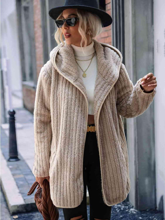 Open Front Ribbed Hooded Coat - Trendsi