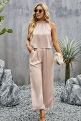 Grecian Neck Sleeveless Pocketed Top and Pants Set - Trendsi