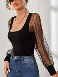 Square Neck Polka Dot Long Sleeve T-Shirt - Trendsi - Flyclothing LLC