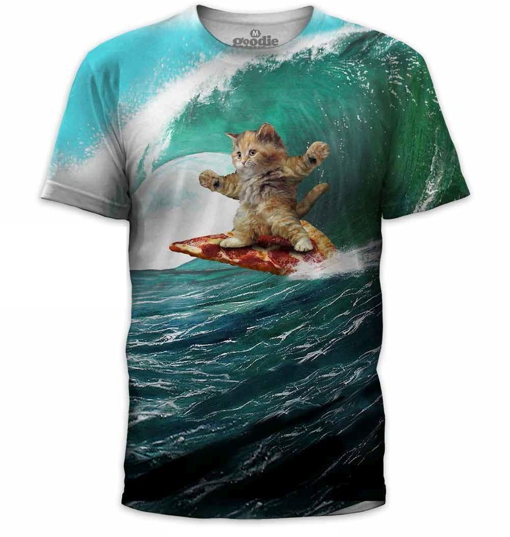 Surfs Up Pizza Cat Mens T-Shirt - Flyclothing LLC
