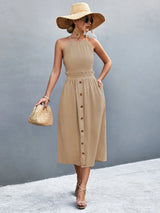 Buttoned Halter Neck Frill Trim Midi Dress - Trendsi - Flyclothing LLC