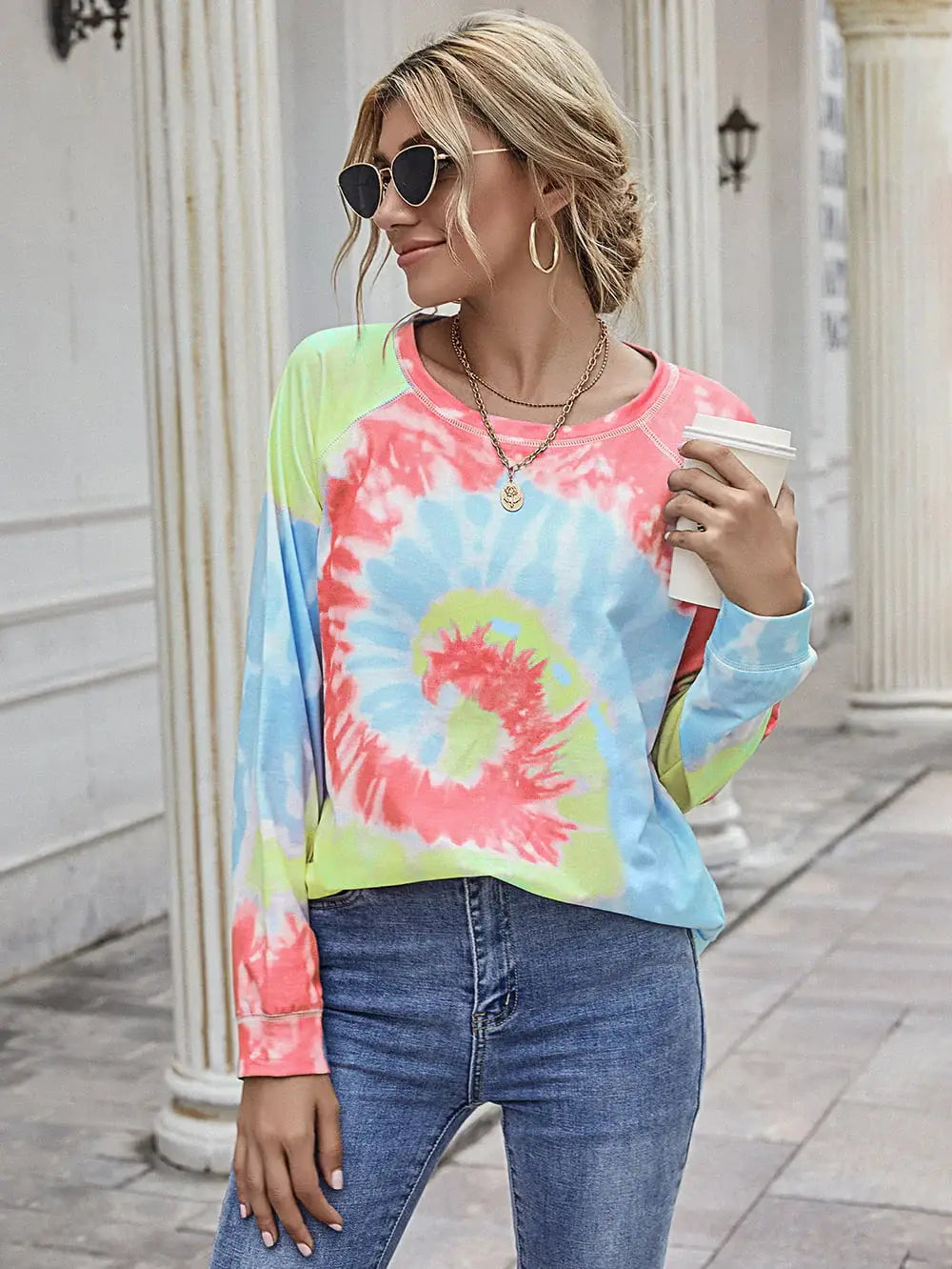 Printed Round Neck Raglan Sleeve Tee - Trendsi - Flyclothing LLC