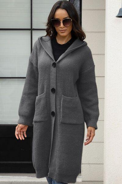 Button Up Long Sleeve Hooded Cardigan with Pockets - Trendsi