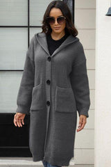 Button Up Long Sleeve Hooded Cardigan with Pockets - Trendsi