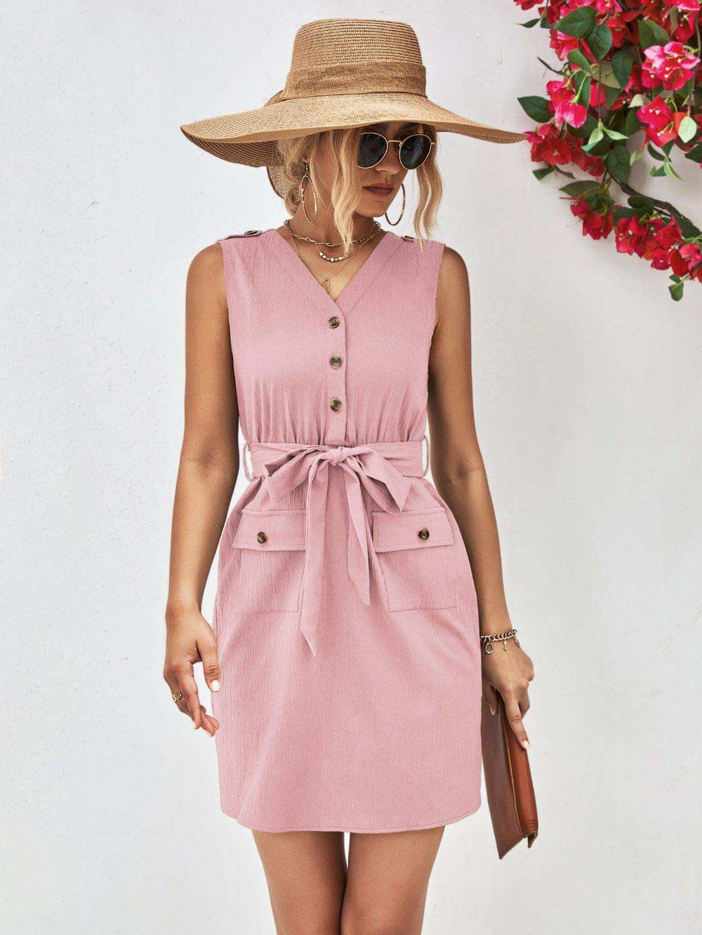 Buttoned V-Neck Belted Sleeveless Dress - Trendsi - Flyclothing LLC