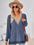 Crochet Contrast V-Neck Long Sleeve Slit T-Shirt - Trendsi