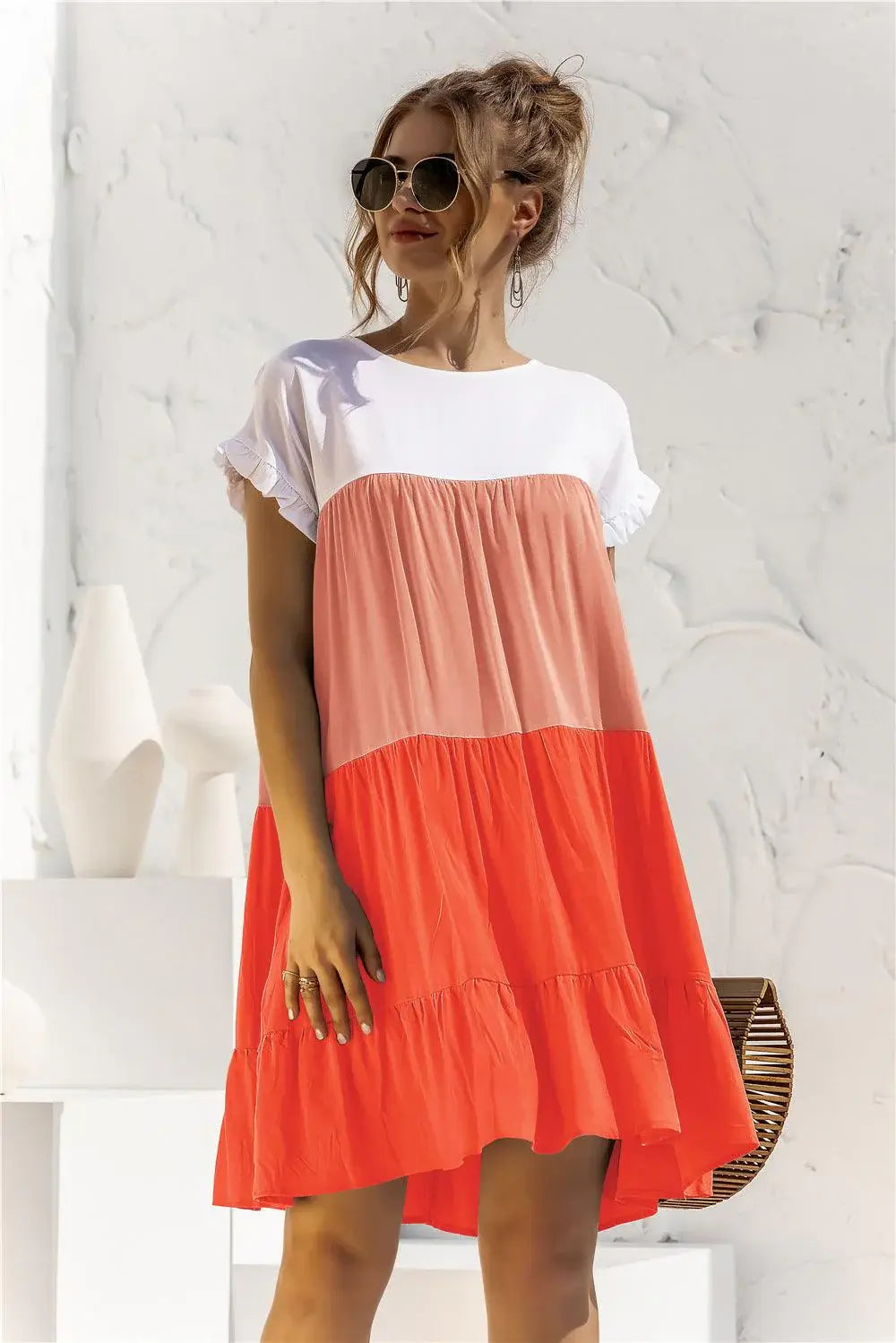 Color Block Round Neck Ruffle Hem Dress - Trendsi - Flyclothing LLC